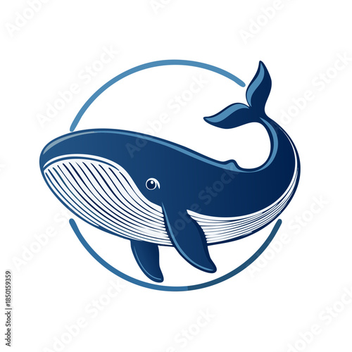 Majestic Blue Whale Swimming Gracefully in a Circular Frame Marine Life Illustration