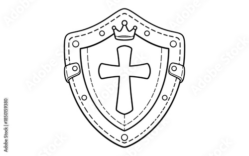 Christian knight shield with cross and crown emblem, simple line art design