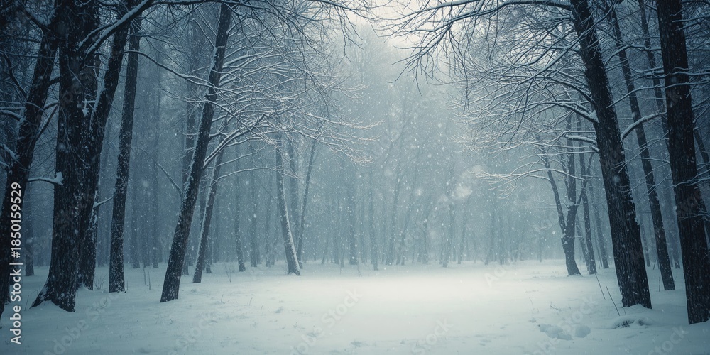Naklejka premium Snow drifting over a woodland scene, highlighting winter weather conditions and natural landscape preservation