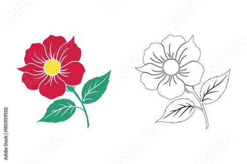 Vibrant red flower with green leaves Vector