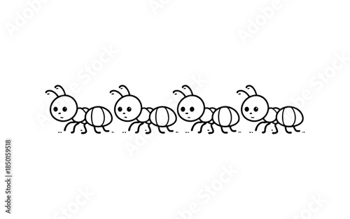 Cute cartoon ants marching in a line with simple black outlines on a white background