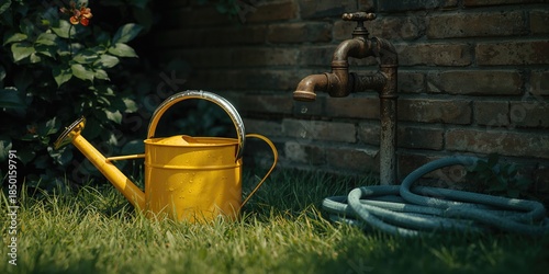Outdoor tap with garden hose in a UK backyard, illustrating irrigation setup for landscaping