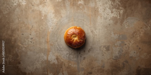 Poppy seed bread roll on textured grunge backdrop, suitable for bakery display or food layout