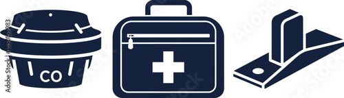 Dark blue icons of a coffee cup, first aid kit, and a ramp beverage drink