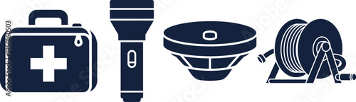 Dark blue icons of a first aid kit, flashlight, smoke detector, and hose reel medical kit emergency kit