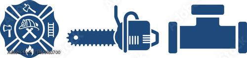 Dark blue icons of a firefighter emblem, chainsaw, and pipe fitting badge symbol
