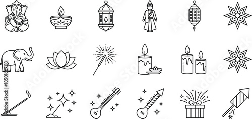 Diwali festival line icon set featuring Lord Ganesha, diya oil lamps, lanterns, lotus flower, fireworks, incense sticks, and traditional Indian celebrations.