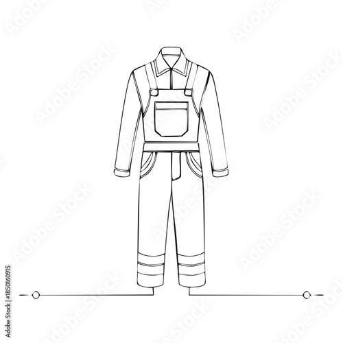 Line drawing of worker uniform, jumpsuit with pocket and trousers
