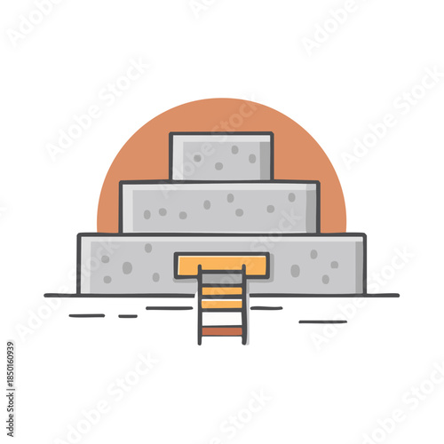 Stylized Aztec Pyramid Illustration with Rising Sun Graphic, Archeological Site, Cultural Heritage Icon