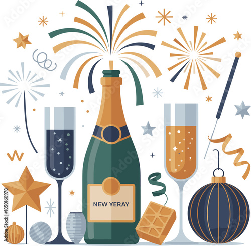 New year celebration champagne bottle glasses and festive ornaments vector design