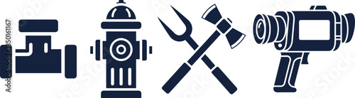 Dark blue icons of plumbing pipe fire hydrant crossed axe and camera water