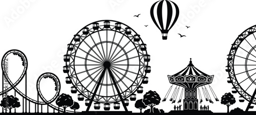 Amusement park silhouette, roller coaster, Ferris wheel, swing ride, hot air balloon, fun fair, family entertainment, black and white illustration