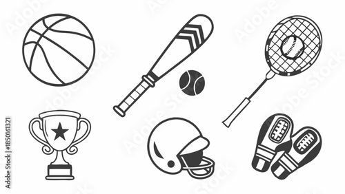 Sports Equipment Collection Trophy Helmet Basketball Bat Tennis Racket Gloves for Athletic Competition and Fitness Promotion