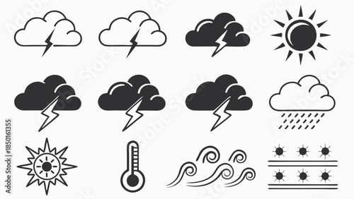 Weather Icons for Forecasts and Apps: Sun, Clouds, Rain, Storm, Thermometer, Wind, Snow. Dynamic Visuals for Meteorology, Travel, and Outdoor Planning.