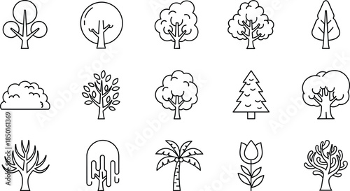 Set of minimalist tree line icons featuring various species like palm, pine, oak, and deciduous plants for nature and environment design.
