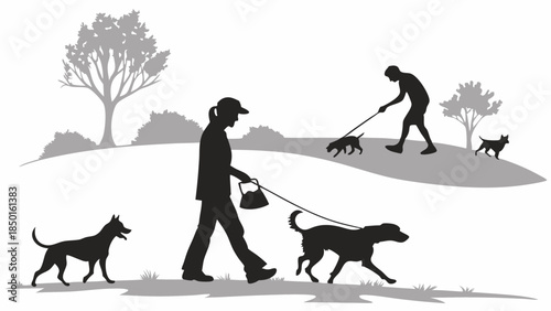 Active People Walking Dogs in Sunny Park for Outdoor Recreation, Pet Care, and Healthy Lifestyle Promotion