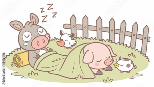 Cute Farm Animals Sleeping Together Under Blanket Peaceful Rural Scene for Children's Books Websites and Animal Lovers