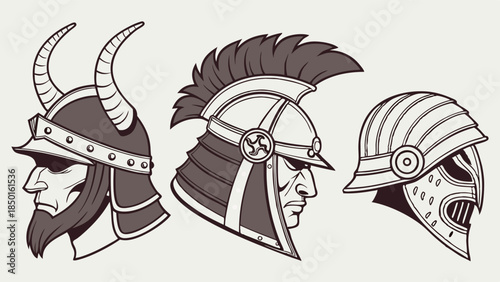 Ancient Warrior Helmets for Epic Battle, Fantasy Game Design, Historical Reenactment, Powerful Strength, Fierce Courage, Medieval Adventure, Heroic Spirit, Bold Warrior Iconography