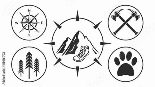 Adventure Compass Icon Set for Outdoor Travel Marketing, Hiking Boot, Mountains, Trees, Axe, Paw Print, Navigation, Exploration, Wilderness, Active Lifestyle