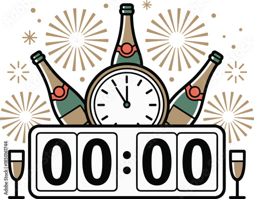 New year 00:00 countdown with champagne bottles and glasses clock and fireworks