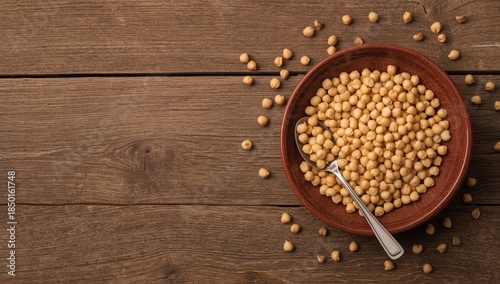 Rustic presentation of chickpeas in a bowl with a spoon, highlighting natural food choices, Earth Day