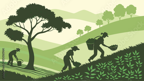 Harvesting Hope Rural Workers Gathering Crops on Rolling Hills for Sustainable Agriculture and Food Production with Positive Community Spirit