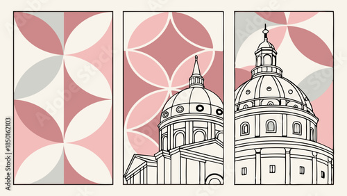 Elegant Architectural Dome Line Art Triptych with Modern Geometric Pattern in Soft Pink and Gray for Interior Design and Branding