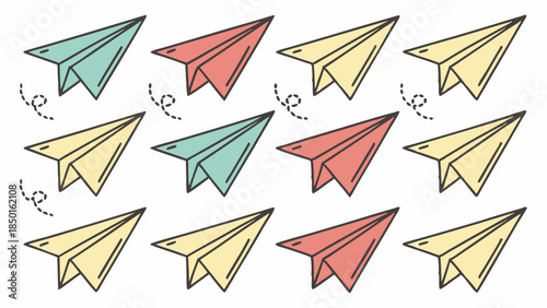Vibrant Paper Airplanes Flying Pattern for Creative Business Communication, New Ideas, Project Launch, Sending Messages, Digital Marketing, and Innovation.