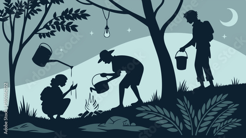 Night Reforestation: Community Team Watering Plants and Tending Fire for Environmental Growth.