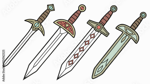 Four Fantasy Swords for Game Design, Fantasy Art, Medieval Quests, and Epic Adventure Illustrations, Evoking Courage and Power