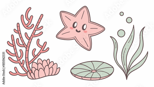 Cute Happy Starfish Coral Seaweed Shell Underwater Marine Life Set for Kids Summer Beach Design Nursery Decor and Educational Materials