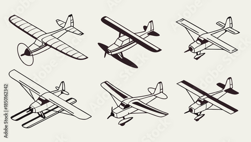 Isometric Vintage Airplanes Set Classic Aircraft Line Art Collection Retro Travel Aviation Design Hobby Education Illustration