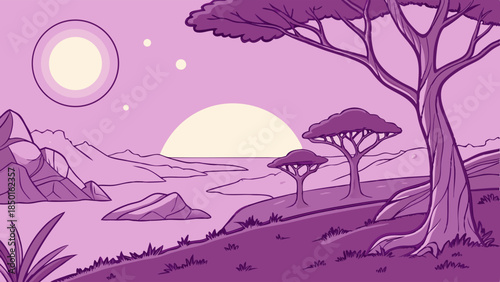 Purple African Savanna Sunset Landscape Vector Illustration with Acacia Trees for Travel Wellness and Serene Design