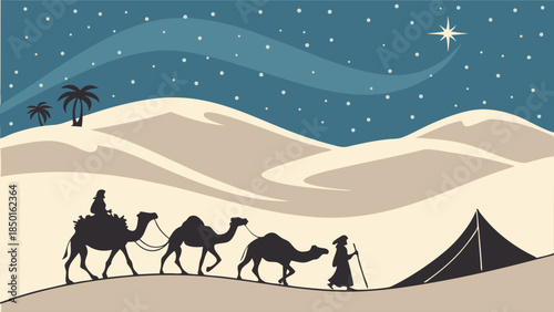 Christmas Epiphany Desert Journey with Silhouetted Travelers and Camels Following Bright Guiding Star Illustration