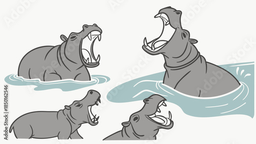 Cartoon African Hippos with Wide Open Mouths Yawning and Roaring in Water and on Land Vector Illustration for Wildlife Education and Animal Power