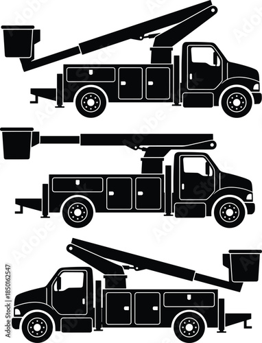 Bucket truck silhouette set, aerial lift utility vehicles, boom lift service trucks, maintenance equipment collection, black industrial icons, vector illustration