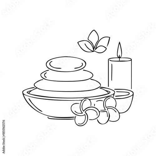Hand Drawn Spa Stones Candle and Flowers Still Life Simple Relaxation Outline