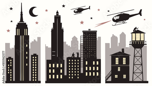 Urban Night Battle Scene with Helicopters and Sniper. Dark City Skyline Action Illustration for Thriller Games, Movies, and Books