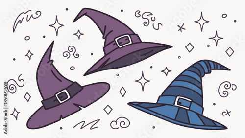 Playful Witch Hats and Mystical Magic Doodles for Halloween Celebration Design, Fantasy Books, and Enchanting Seasonal Marketing