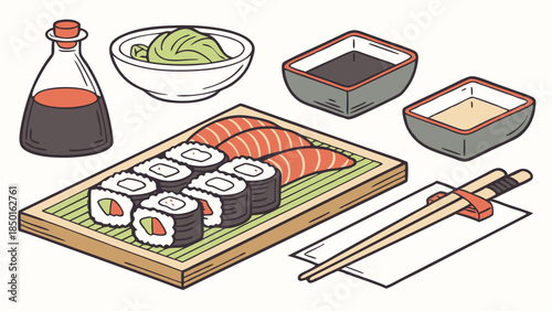 Fresh Japanese Sushi Platter with Salmon Nigiri, Maki Rolls, Soy Sauce, Wasabi, and Chopsticks. Delicious Isometric Food Illustration for Menus and Web.