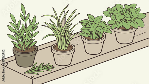Fresh Potted Culinary Herbs on Kitchen Shelf Healthy Home Cooking Ingredients for Natural Lifestyle and Indoor Garden Decor Illustration