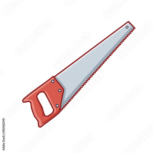 Illustration of a Hand Saw with a Red Handle for Woodworking and Carpentry Tasks