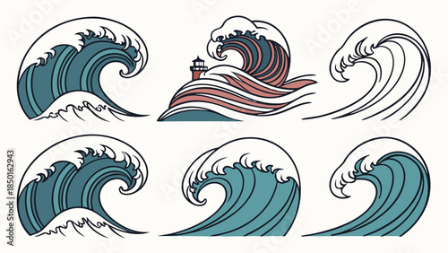 Dynamic Ocean Waves Vector Set. Powerful Sea Water Illustrations for Travel, Nautical, Summer, Web Design, and Environmental Projects.