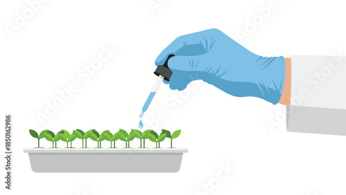Scientist carefully applying a liquid solution to young seedlings growing in a tray, representing plant research and agricultural science.