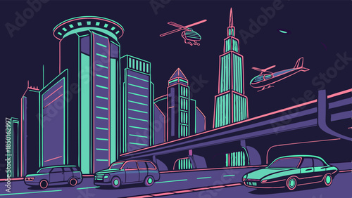 Modern Pixel Art City Night Skyline with Tall Skyscrapers Cars on Elevated Road and Flying Helicopters Urban Technology Digital Background