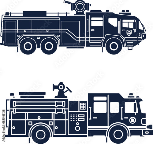Dark Blue Silhouettes of Fire Trucks on White Background fire engine firetruck