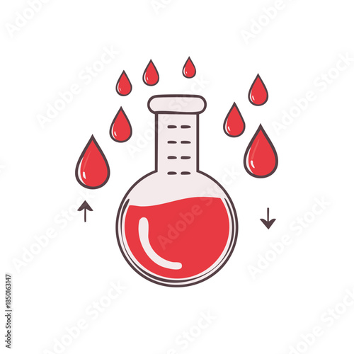 Lab flask filled with red liquid surrounded by falling drops indicates scientific process for testing experiments and developing medicine