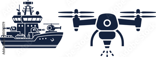 Dark blue silhouette icons of a large ship with helicopter and a drone spraying liquid vessel