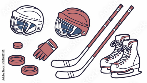 Ice Hockey Equipment Vector Illustration. Helmets Pucks Sticks Skates and Glove for Winter Sports and Athletic Gear Promotion.