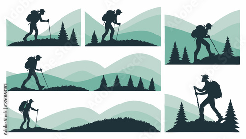 Active People Hiking Mountain Trails with Backpacks. Vector Silhouette for Outdoor Adventure, Travel, Wellness, and Nature Exploration Marketing.